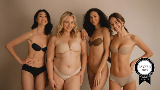 Models wearing Gatherall Bras in shades Cream, Latte, Mocha, and Noir